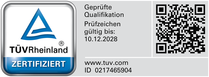 TÜV Rheinland Prüfzeichen — Geprüfte Qualifikation: Managerin für angewandte KI-Transformation, ID 0217465904, gültig bis 10.12.2028